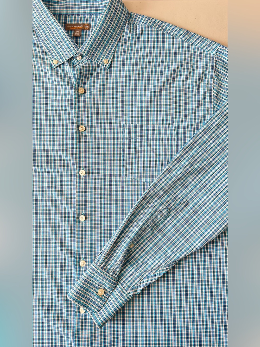 Peter Millar Summer Comfort XXL Blue Plaid Stretch Button Down Shirt - Picture 5 of 8